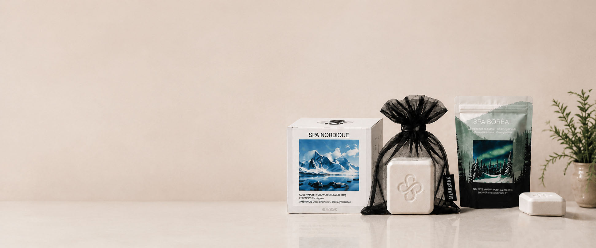 Silknsoak aromatherapy shower steamers in a minimalist wellness setting featuring Spa Nordique and Spa Boréal.