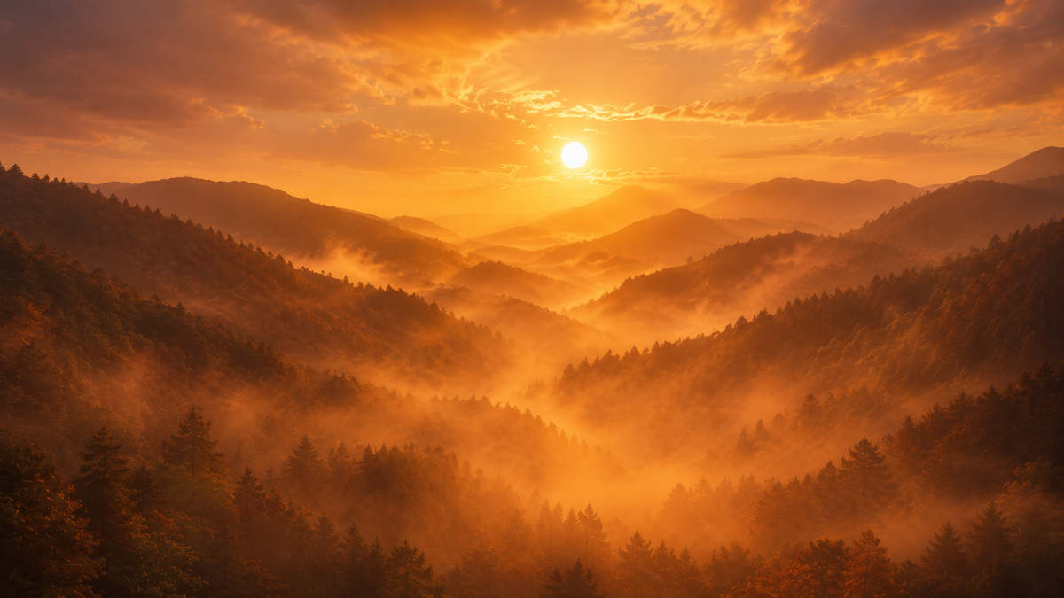 Golden sunrise over misty mountain valleys representing the Boost ritual state on the Silknsoak homepage.