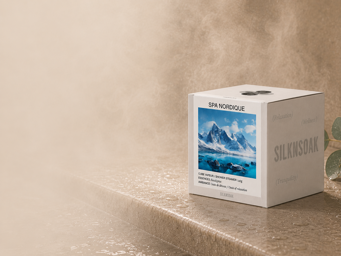 Silknsoak long-lasting shower steamer cube in a warm spa-inspired ritual setting.