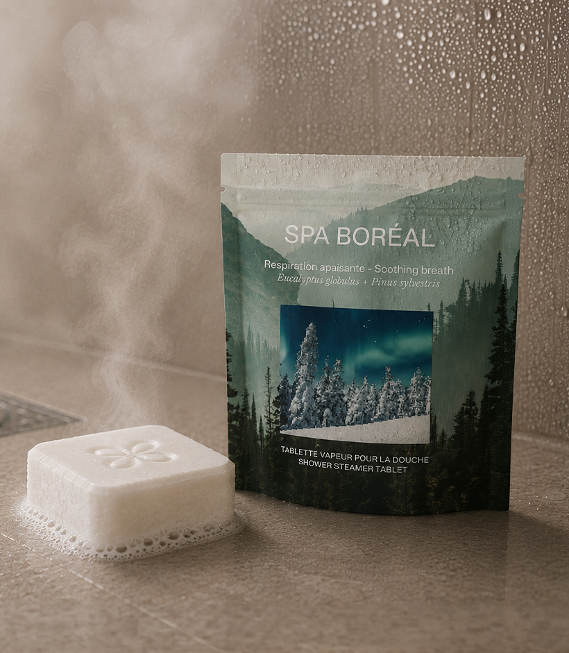 Silknsoak shower steamer tablet with steam rising beside Spa Boréal pouch in warm shower setting