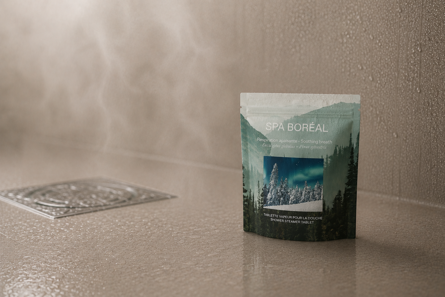Silknsoak shower steamer tablet pouch in a warm steam-filled shower ritual setting.