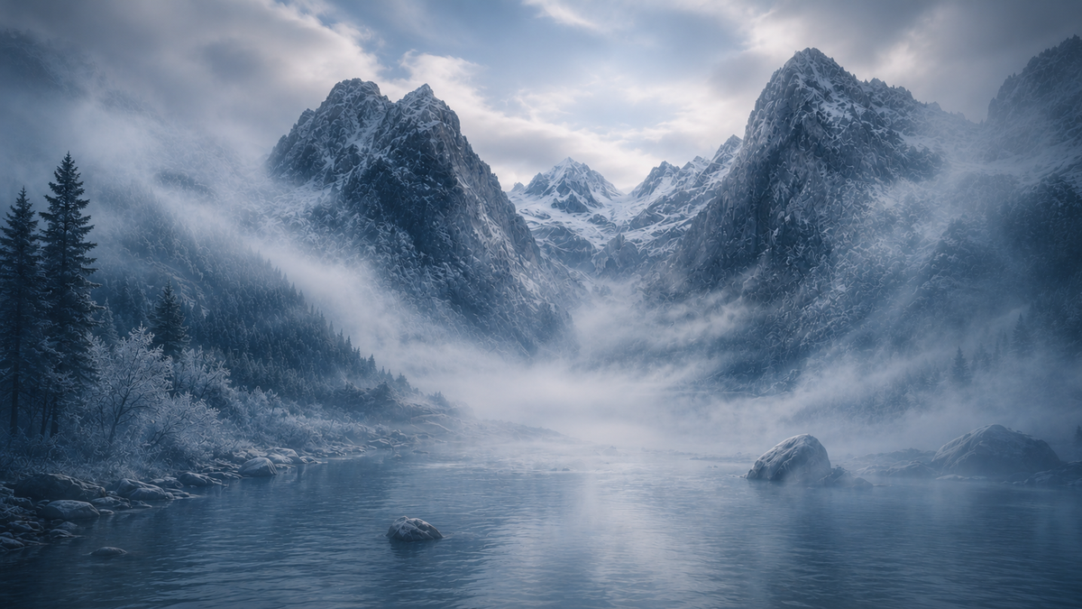 Mist-covered Nordic mountain landscape representing the Breathe ritual state on the Silknsoak homepage.